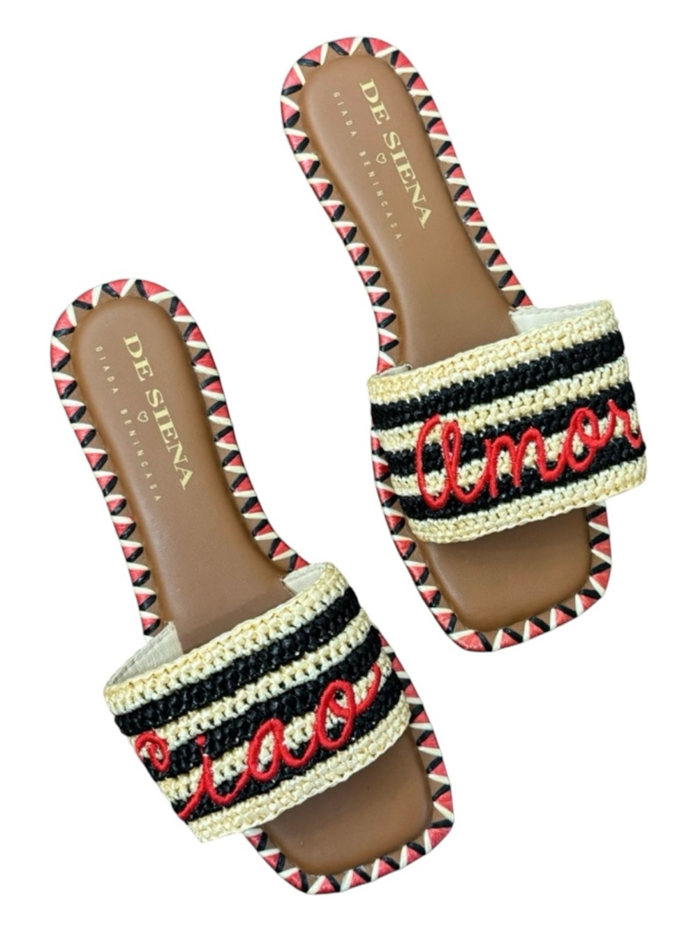 NEW De Siena Giada Benincasa Embroidered Raffia Woven Sandals Size 38 Tan Black